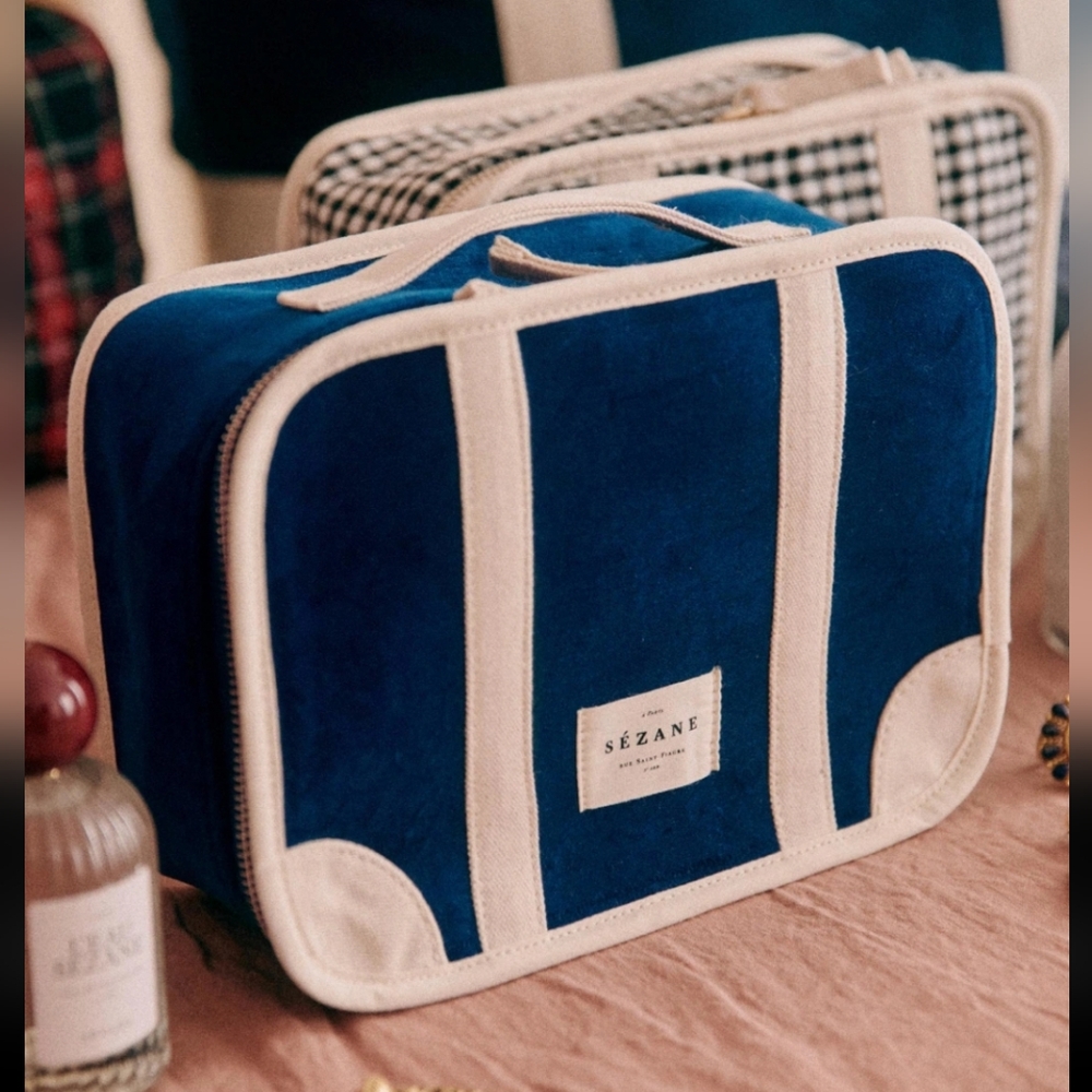 Sezane Velvet Blue and White Mini Travel Bag